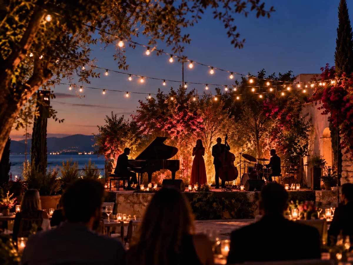 Friends gathered at candlelit tables for an outdoor concert